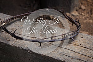 Christian prayer text - Worthy Is The Lamb. With crown of thorns on old wood background.