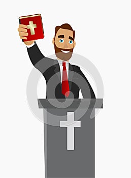 A Christian priest gave a sermon in a church in worship. Vector illustration.
