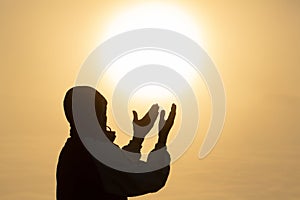 Christian Religion concept background, Human hands open palm up worship. Remembering God and gratitude, Prayer to Go. Christian