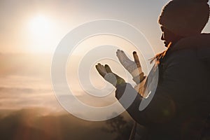 Christian Religion concept background, Human hands open palm up worship. Remembering God and gratitude, Prayer to Go. Christian