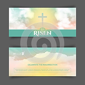 Christian religious design for Easter celebration. Narrow horizontal banners.