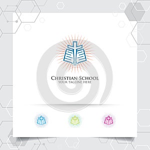 Christian school logo design vector with concept of book, pen and cross icon illustration