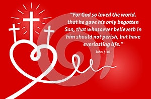 Christian scripture with abstract heart and cross on red background