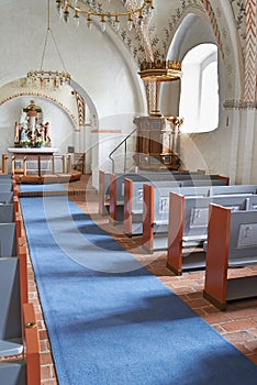 Christian, shrine or altar in church for religion, worship and spiritual space for ceremony in Danish culture. Praise