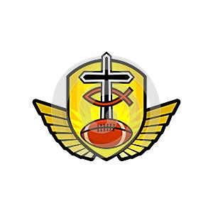 Christian sports logo. The golden shield, the cross of Jesus, the sign of the fish, the wings, and the rugby ball