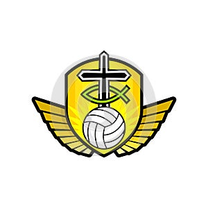 Christian sports logo. The golden shield, the cross of Jesus, the sign of the fish, the wings, and the volleyball