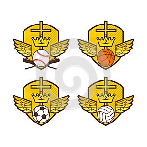 Christian sports logo. Shield, wings, the cross of Jesus. Football, basketball, volleyball and baseball