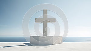 Christian stone cross on the background of the sea