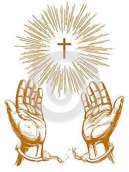 Christian symbol cross with bright rays, hands break the chain handcuffs, a symbol of freedom and forgiveness icon hand