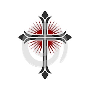 Christian symbol. Vector logo. Cross of Jesus Christ and all-round radiance