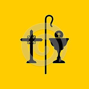 Christian symbols. The cross of Jesus, the cup of communion and the staff of the shepherd