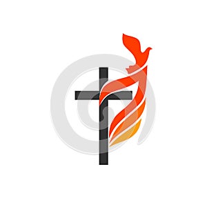 Christian symbols. The logo of the church. The cross of Jesus, the flame of fire as a symbol of the Holy Spirit