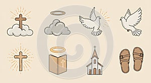 Christian Symbols Set: Cross, Dove, Cloud, Church, and Bible Illustrations photo