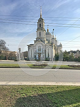 Christian temple in the city center. Modern religious architecture. Religious buildings. Streets and avenues of the city.