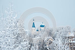 Christian temple in winter day. St. Basil\'s Cathedral in the historic centre of Gatchina.