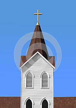 Christian white church steeple with cross photo