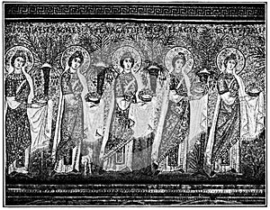 Christian women Great Martyrs. Mosaic in the Basilica of Saint Apollinare Nuovo in Ravenna, Italy. photo