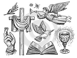 Christian wooden cross, Blessing hand, Flying dove with olive branch, Angel, Open bible, Holy Grail. Religion symbols