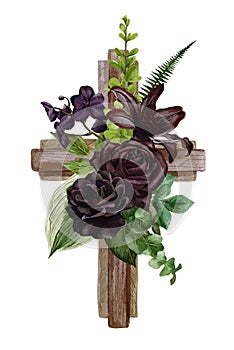Christian wooden cross decorated with black roses and leaves