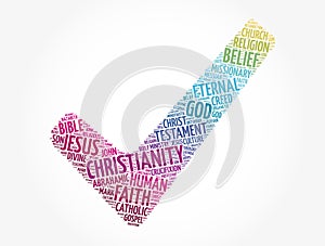 Christianity check mark word cloud, religion concept background