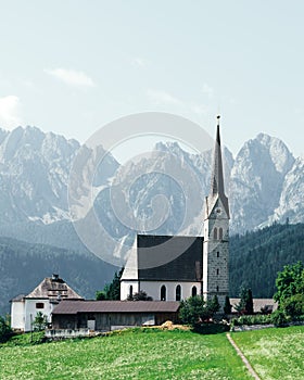 Christianity churh in Gosau village at sunny day.