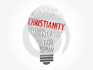 Christianity light bulb word cloud, religion concept background