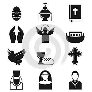 Christianity religion flat icons vector illustration of traditional holy religious black silhouette praying people