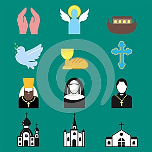 Christianity religion flat icons vector illustration of traditional holy religious silhouette praying people
