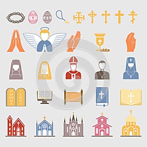 Christianity religion vector flat icons Illustration traditional holy bible symbols candle silhouette. praying people