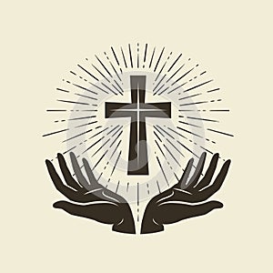 Christianity symbol of Jesus Christ. Cross, worship logo. Vintage vector illustration