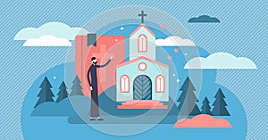 Christianity vector illustration. Tiny holy church priest persons concept.