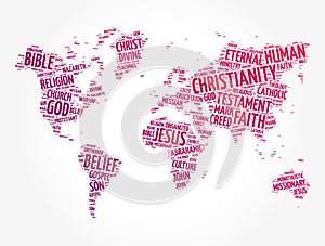 Christianity word cloud in shape of world map, religion concept background