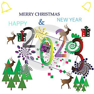 Christm Christmas, new year card background with reindeer and fir tree.as card with deer. photo