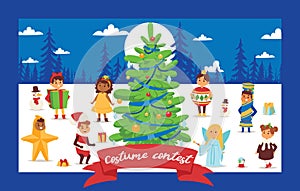 Christmas 2019 Happy New Year greeting card happy kids children costume vector background banner holidays winter xmas