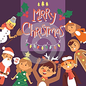 Christmas 2019 Happy New Year greeting card happy kids children costume vector background banner holidays winter xmas