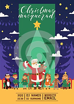 Christmas 2019 Happy New Year greeting card Santa and happy kids children costume vector background banner holidays