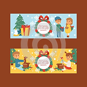 Christmas 2019 Happy New Year greeting card vector boy and girl friends background banner holidays winter xmas hand draw