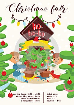 Christmas 2019 Happy New Year greeting card vector boy s brothers find gifts near tree friends background banner