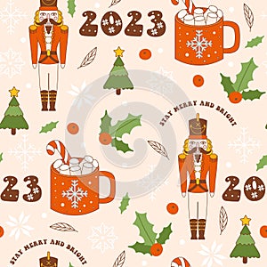 Christmas 2023 retro seamless pattern with groovy Nutcracker toy, hot chocolate cup, holly, spruce and abstract elements.