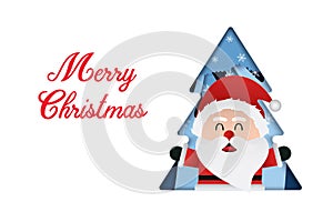 Paper cut Christmas card santa Winter scene tree background blue color vector illustration.