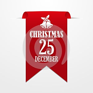 Christmas in 25 december. Red ribbon on a gray background