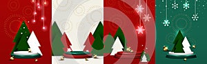 Christmas 3d background set. Pedestal for product display. Stage podium decorated with trees, and element Christmas day. Vector.