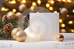 Christmas 3D Mockup with White and Gold Background, Spruce Twigs, Gift Box, and Ornaments