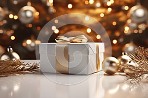 Christmas 3D Mockup with White and Gold Background, Spruce Twigs, Gift Box, and Ornaments