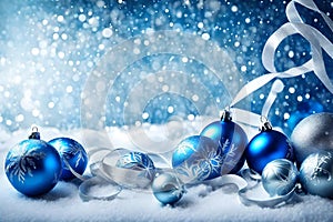 Christmas. Abstract background with blue Christmas balls, silver ribbon, snow, and space.
