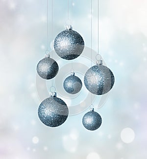 Christmas abstract background with blue glistening balls