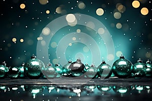 Christmas abstract background, blue green Christmas balls on bokeh effect background