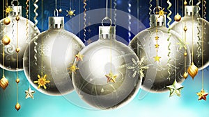 Christmas abstract blue background with big silver decorated balls at the foreground.