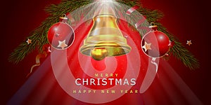 Christmas abstract decoration banner with balls, fir and garland lights on red background. Vector illustration