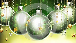 Christmas abstract green/yellow background with big silver/green balls at the foreground.